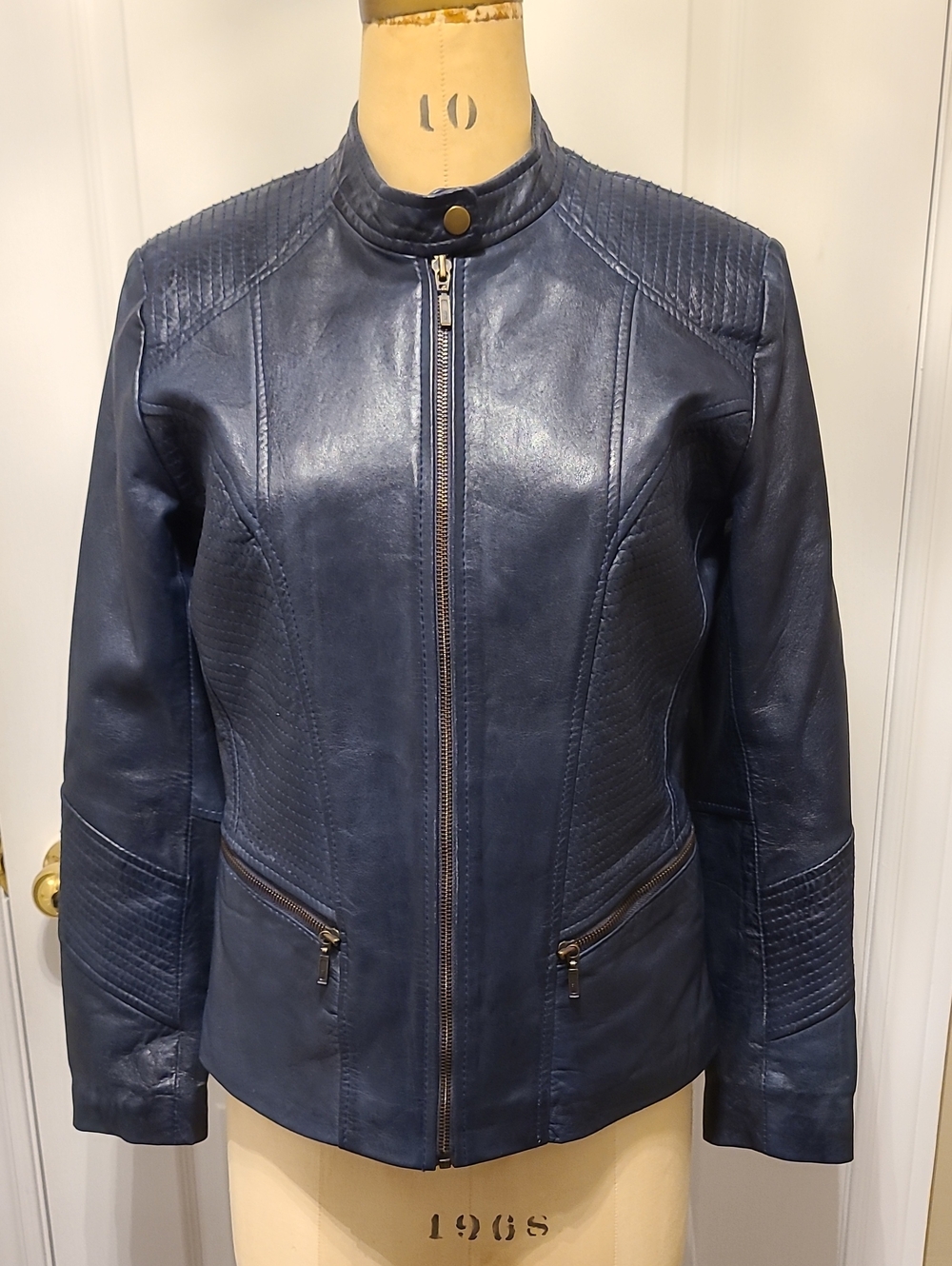David Moore Women’s Navy Leather Zip-Up Moto-Style Jacket, Size S